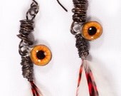 Gypsy Feather Earring - Eyeball Amulets Fortune Teller wire wrapped yellow orange sun burst stripe red eathers Native Dangle OOAK