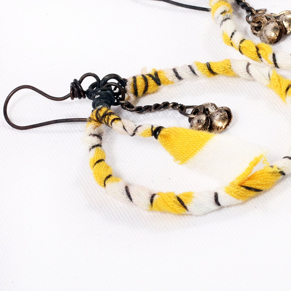Carnival Gypsy Earrings - Tribal Hoops yellow white stripe circles Kuchi bells Tattered dangle Belly Dance twisted Oxidized wire