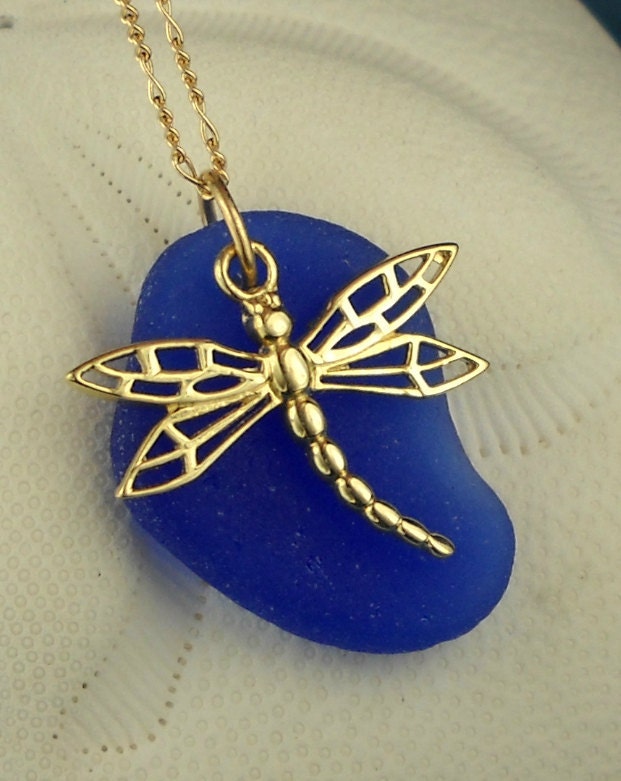 Dragonfly Sea Glass Necklace In Cobalt Blue 14 Karat Gold