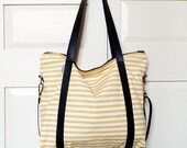 Recycled diaper bag, yellow striped curtain, three pockets, adjustable straps, sailor nautical style