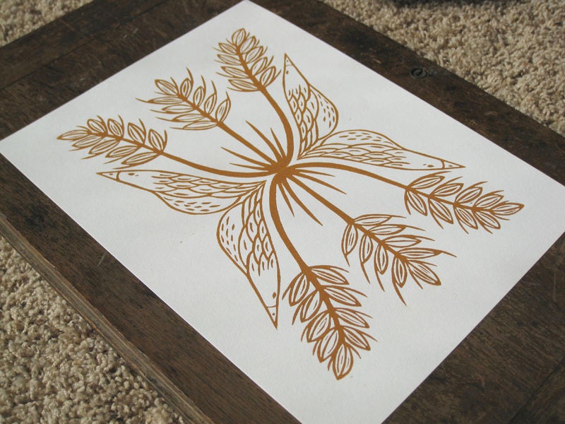 Birds & Barley, Original linocut print, double