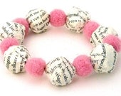 Paper mache bracelet BOOK LOVER - pink felt beads and paper mache beads from book pages - stylish paper jewelry by drudruchu