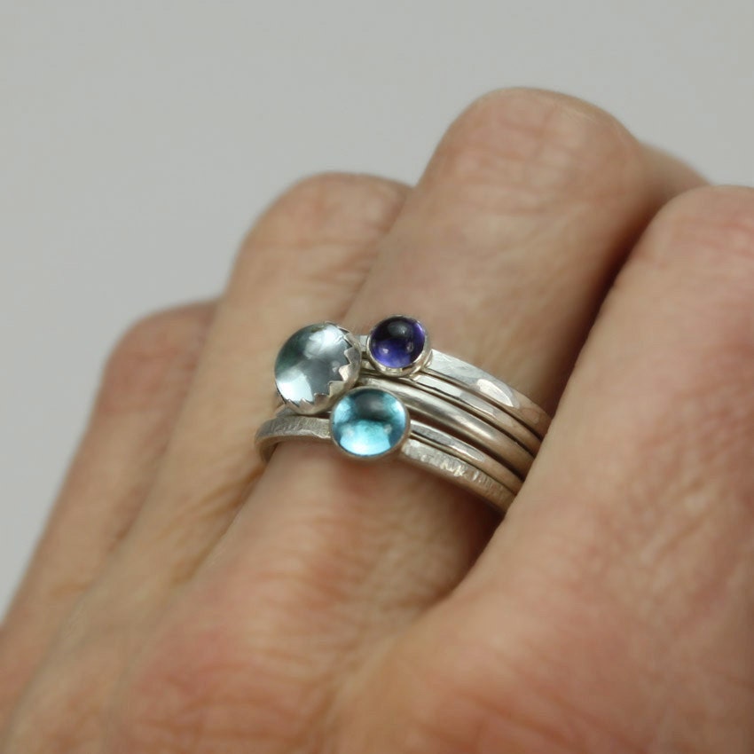 Stacking Silver with Blue Gemstone Rings - Recycled Sterling with Aquamarine, Swiss Blue Topaz and Iolite, Set of 5 - FREE Shipping