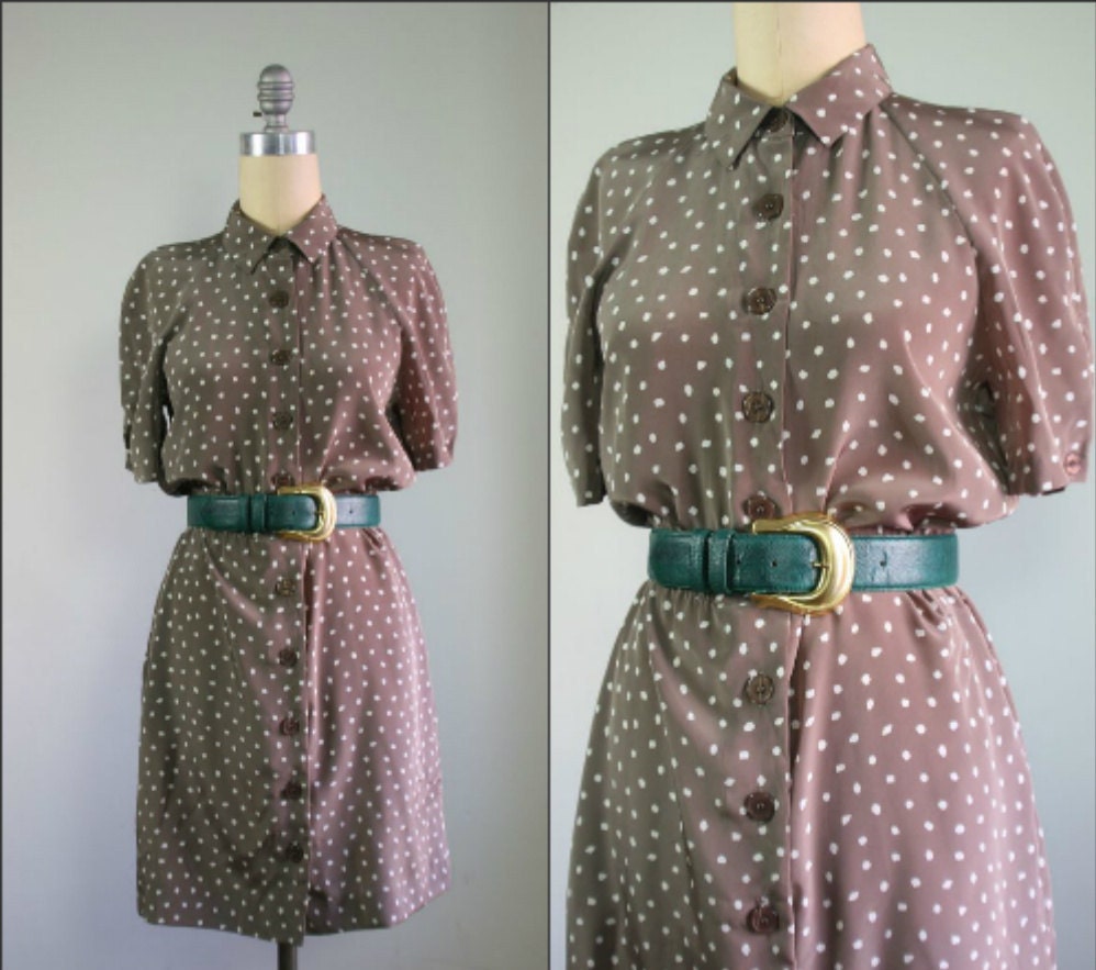 80s taupe polka dot secretary dress / 1980s / beige / natural / short sleeve
