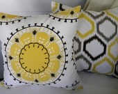 Pair of Coordinating Decorative Pillow Covers - Dwell Studio - Ikat Trellis & Medallions, Yellow, Gray, Brown 18 Inches Square