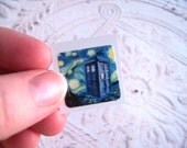 6 Police Box Starry Night Stickers, Glossy Finish, Square Envelope Seals, Ouer Space Travel, Vincent Van Gogh, Sky