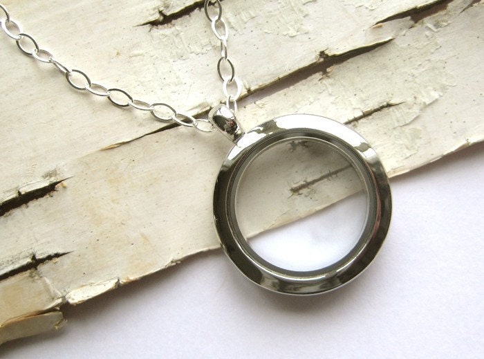 SMALL Glass Memory Locket, for photo keepsakes, charms, love notes - 24 inch sterling chain