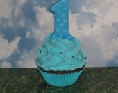 Blue and Chocolate Boy 1st First Birthday Fake Cupcake Polka Dot Number 1 One Candle Photo Prop, Birthday Party Decor, Keepsake