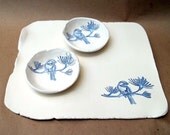 Ceramic Blue Bird Bread Platter with Dipping Bowls