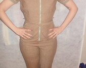 Sale, Sale, Sale   50s Vintage Brown cotton jumpsuit with white/green checkered details and matching belt
