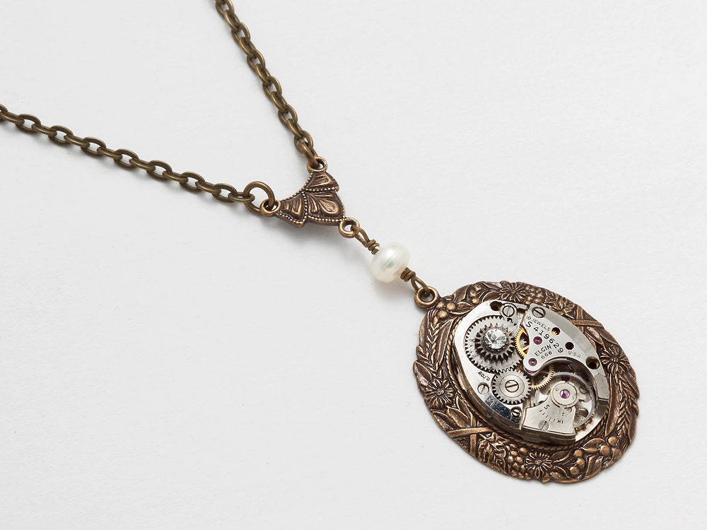 Steampunk Necklace vintage watch movement gears genuine pearl & Swarovski crystal gold flower leaf pendant jewelry by Steampunk Nation 1545