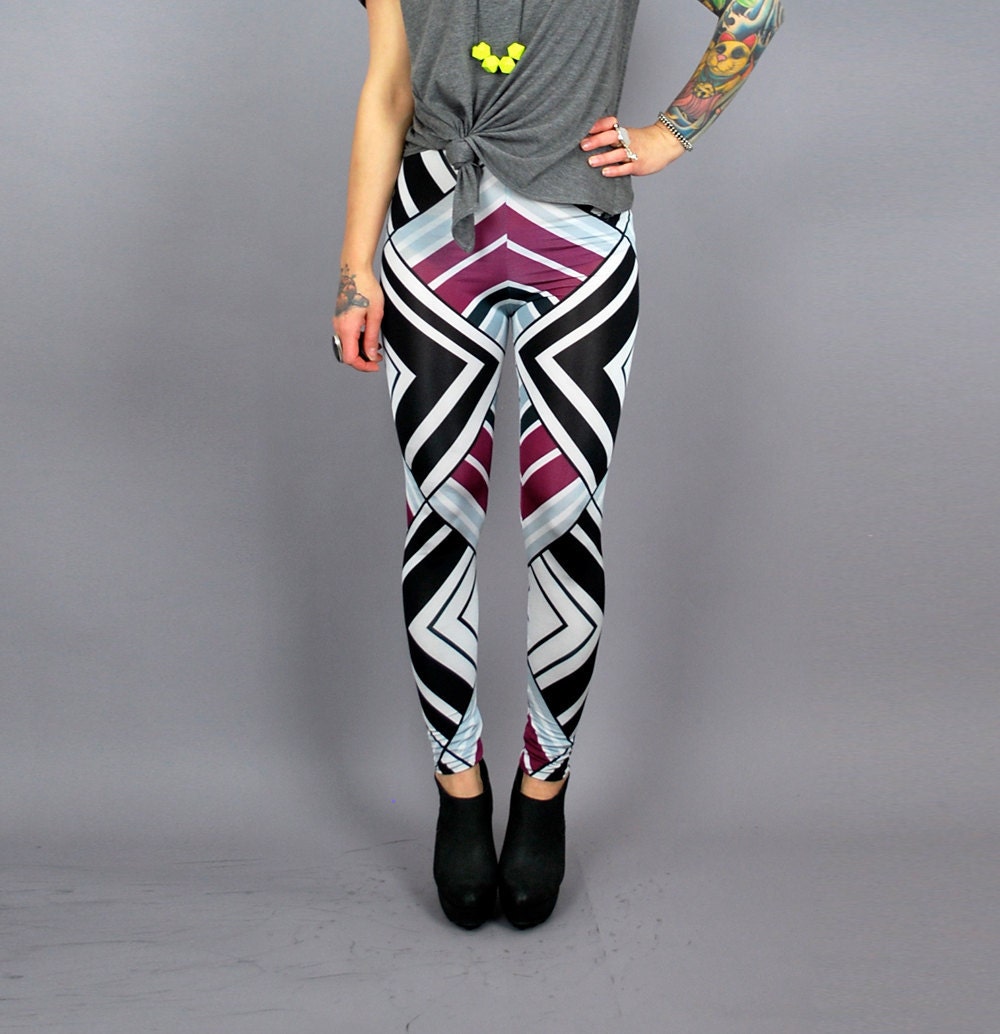 All over Print Abstract Geometric Print Leggings in White Black n Purple-  MADE To ORDER