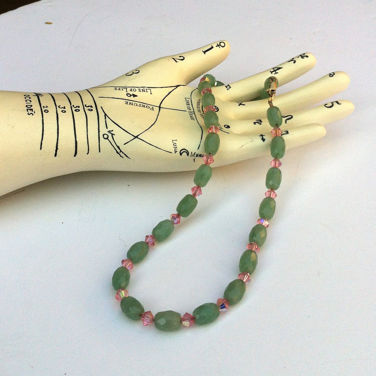 Necklace Green Aventurine Faceted Barrels with Pink Swarovski Crystals