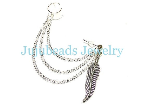 Big Silver Feather Chain Ear Cuff