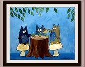 Owls Having Tea, Original Painting, Whimsical Childrens Artwork, Nursery Art, Artwork for Kids, Wall Art, Nursery Art, Kids Room