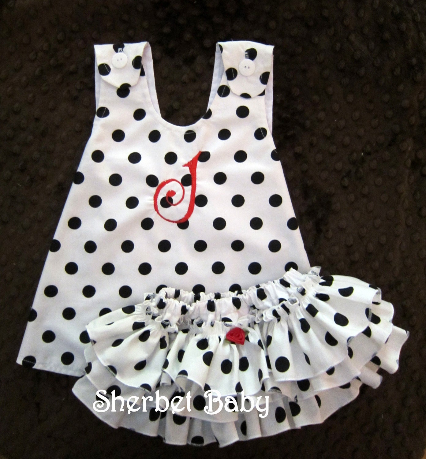 Pinafore and Ruffled Sassy Pants Diaper Cover Sundress Sunsuit Monogram Polka Dots Set