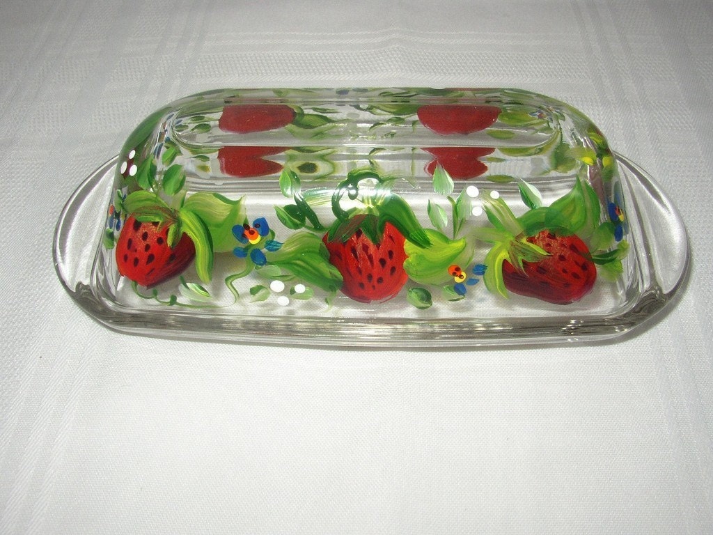 Hand Painted BUTTER DISH With STRAWBERRIES