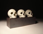 Three Gloss White Skulls With Slab Built Stoneware Stand Sculpture