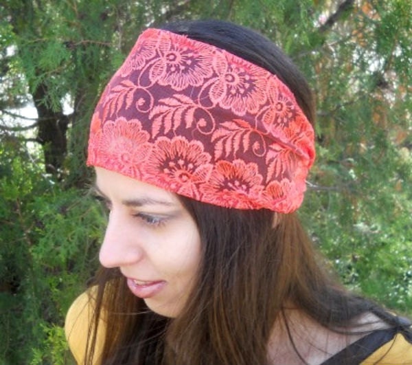 Coral Lace Headband, Wedding Headband, Headband Bridal Lace Hair Band Women's Bridesmaid Hair Accessory - effyband