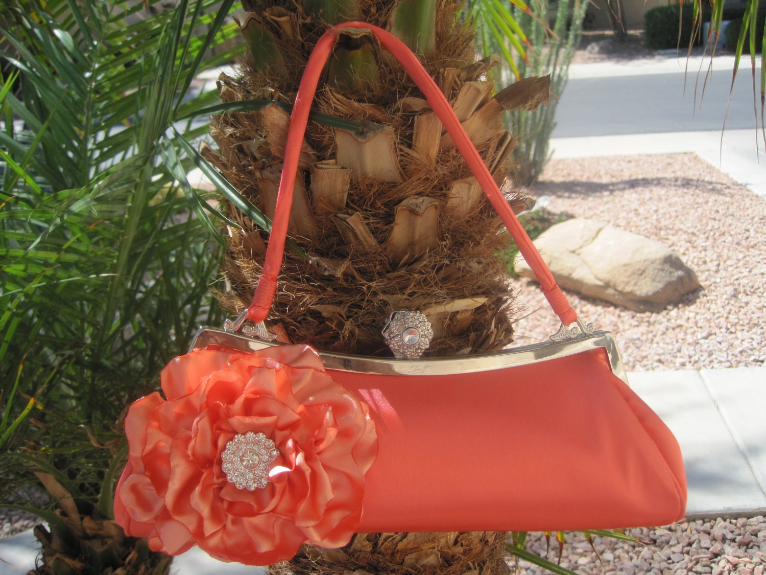 CORAL Satin Evening Purse  with a Beautiful Coral Satin Open Rose and Gorgeous Rhinestone  Accent - theraggedyrose