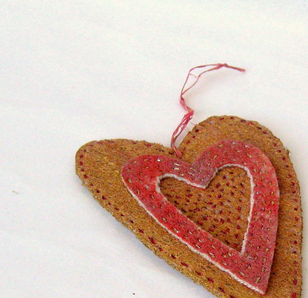 Large felted heart painted recycled felt hand embroidery