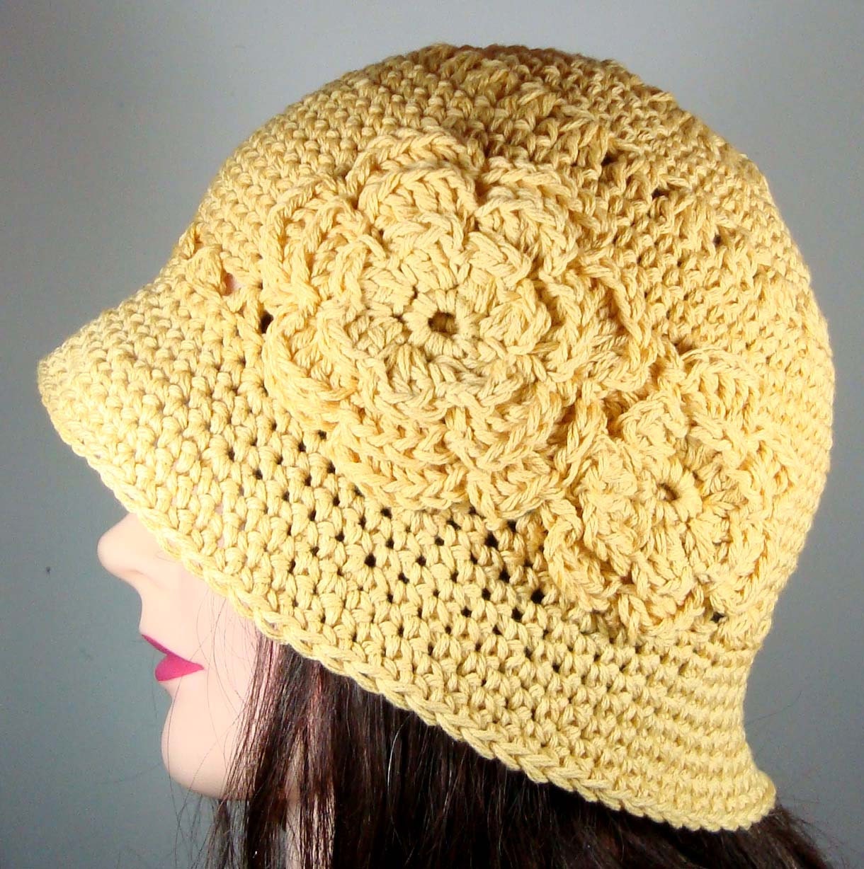 Cloche Hat in Buttercream Yellow with 2 Crocheted Flowers