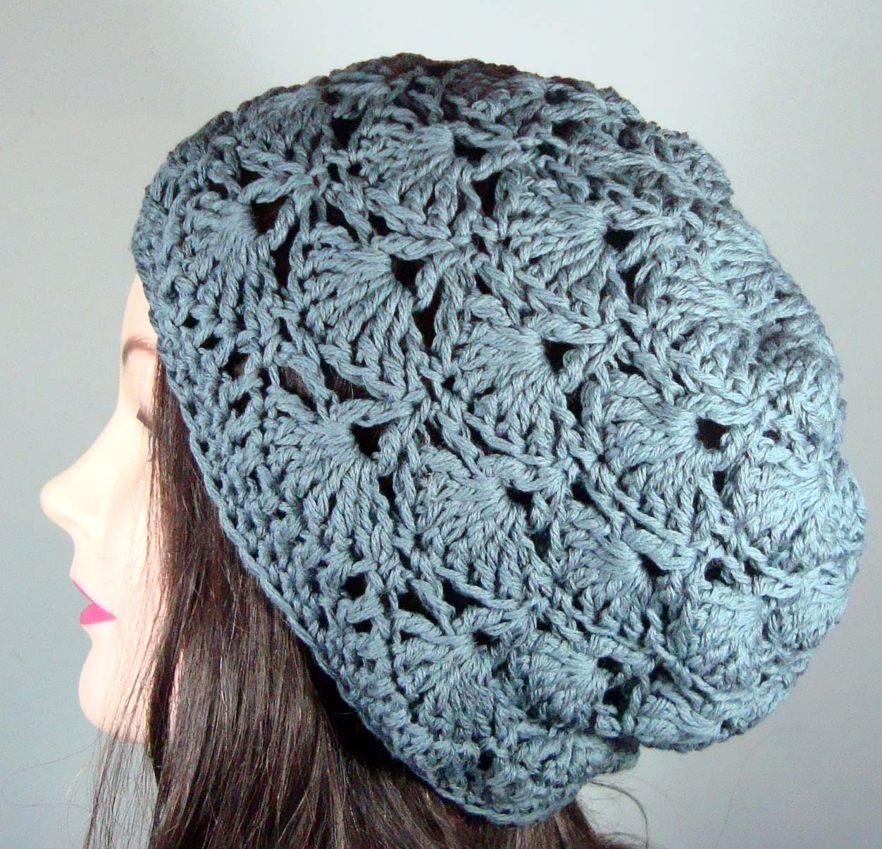 Tam, Slouch Hat in Slate Gray Crochet Shells