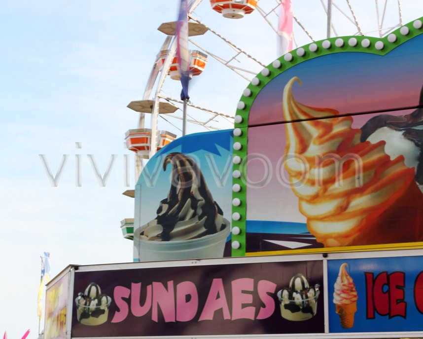 Icecream Sundae Kiosk at the carnival fair with ferris wheel in background blue sky chocolate and butterscotch soft serve photograph 8 x 10