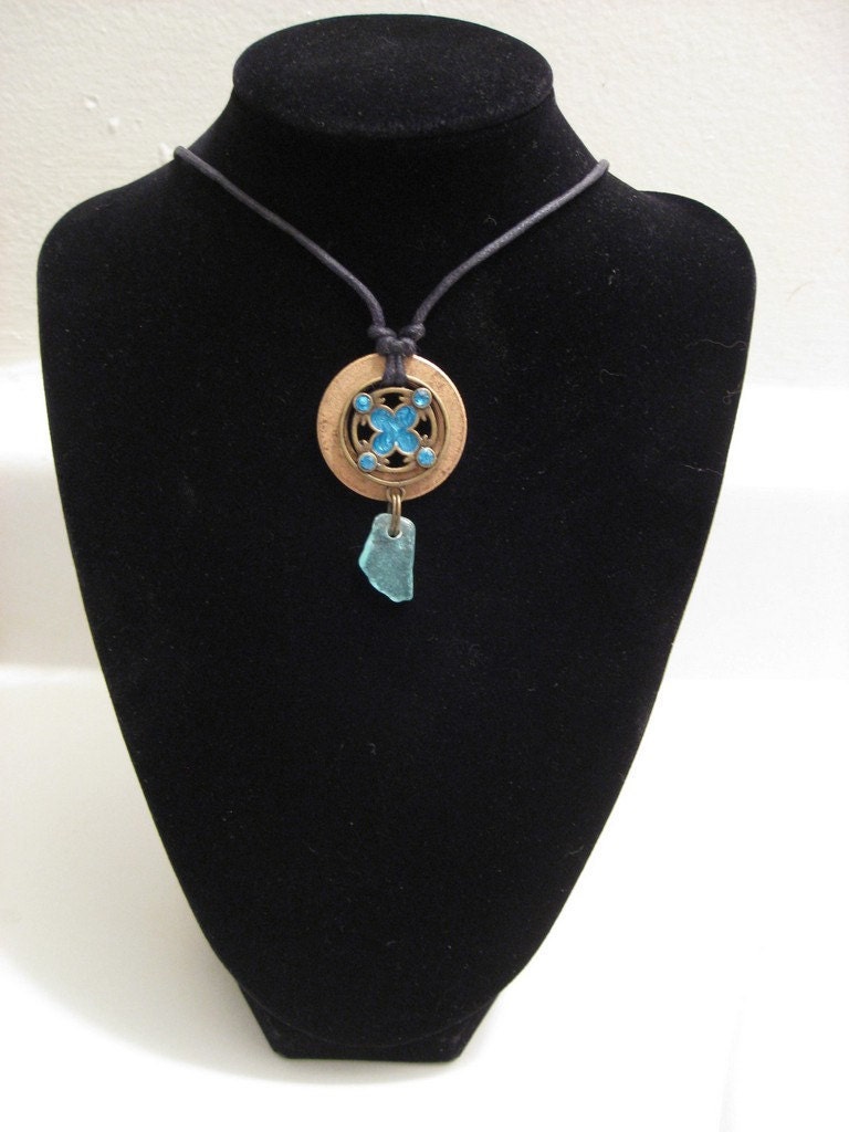 urban artifact necklace - bronze washer, bright blue Lake Michigan beach glass, enamelled jewelry component