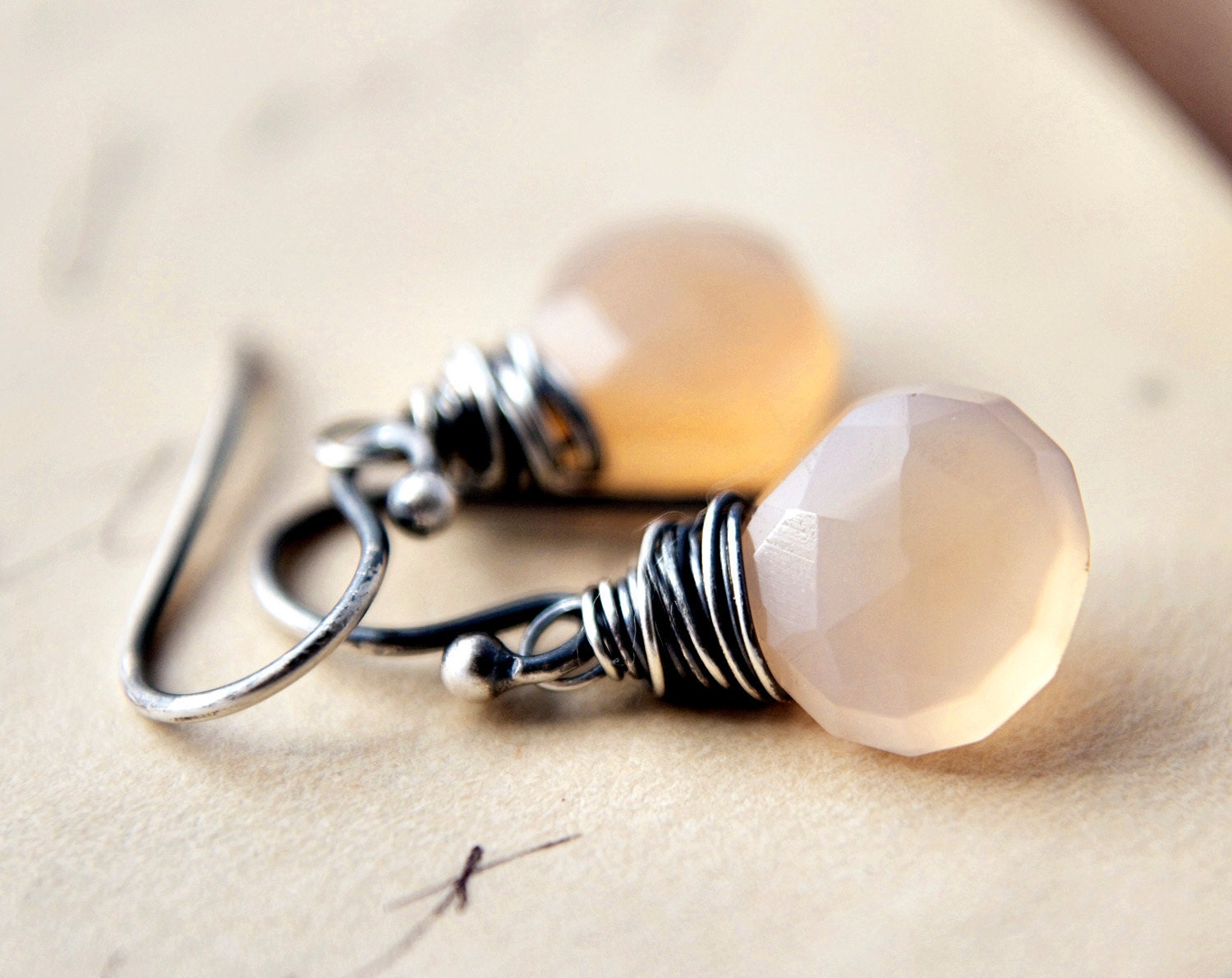 Sunrise Earrings Wire Wrapped Stone Dangles Chalcedony Peach Pink Pastel Fashion Under 40