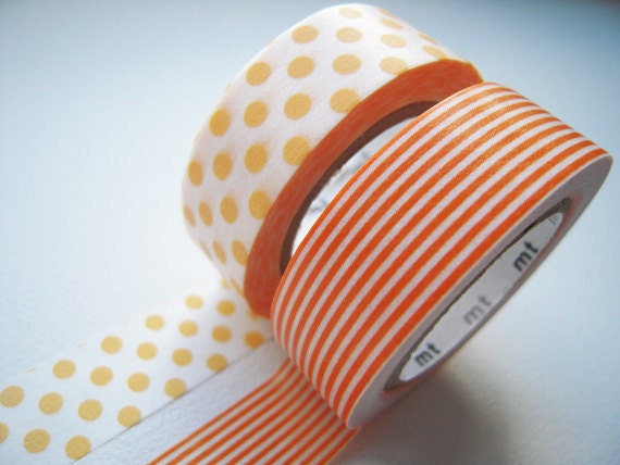 MT 2012 NEW- Japanese Washi Masking Tapes / Orange Polka Dots & Stripes for packaging, party deco, card making