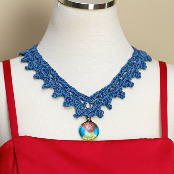 Crochet Necklace Summer Round Lampwork Glass Foil Backed Pendant Blue Gold Cinnamon - 19  inch neck