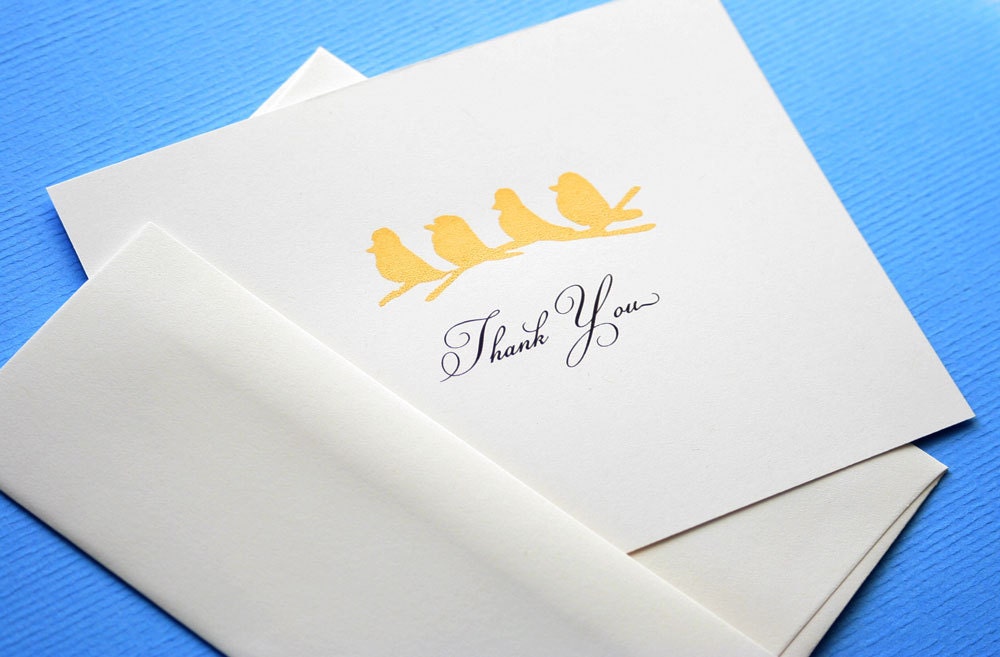 Bird Thank You card screen print in metallic gold ink on eco friendly papers