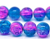 40 Beautiful Blue & Fuchsia Crackle Glass Beads 10mm.  Ships today from the USA.