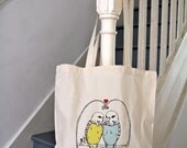 Budgies Tote bag, bird themed cotton bag,pastel yellow and blue