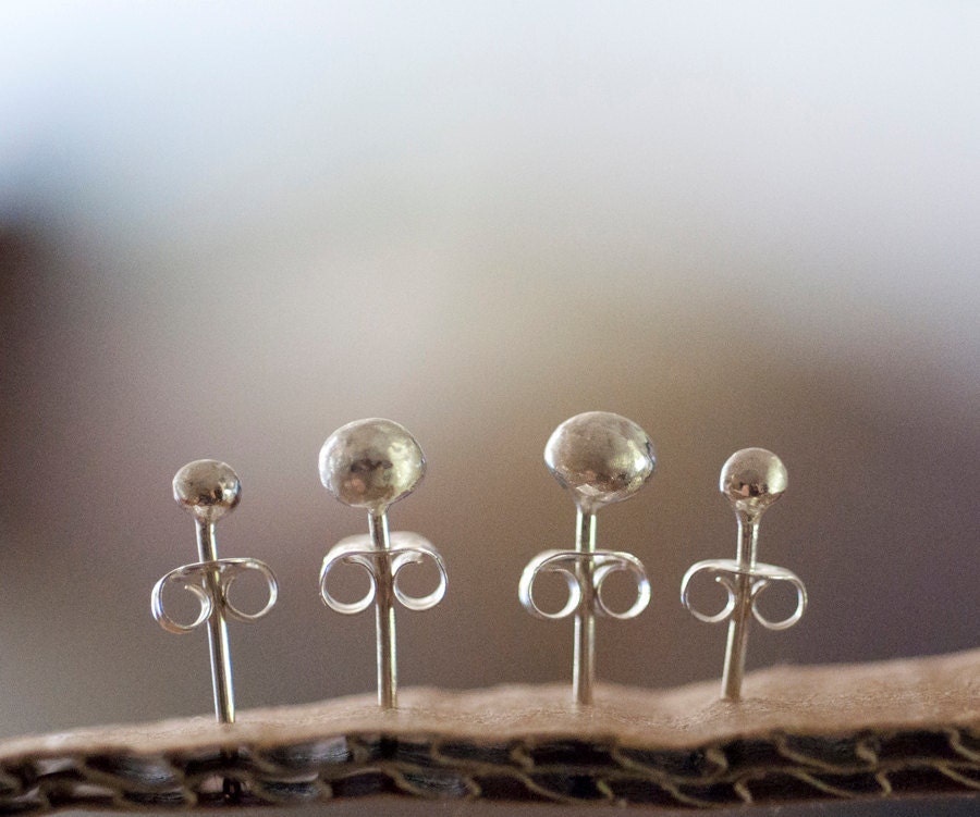 2 pairs of sterling silver stud earrings. 4mm and 2.5mm recycled nuggets on posts. Jewelry handmade in Australia. - oblissjewellery