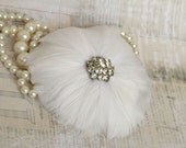 White Bridal Fascinator, Wedding Headpiece, Feather Flower, Bridal Hair Flower, White Fascinator, Rhinestone, White Hair Flower, Hair Clip