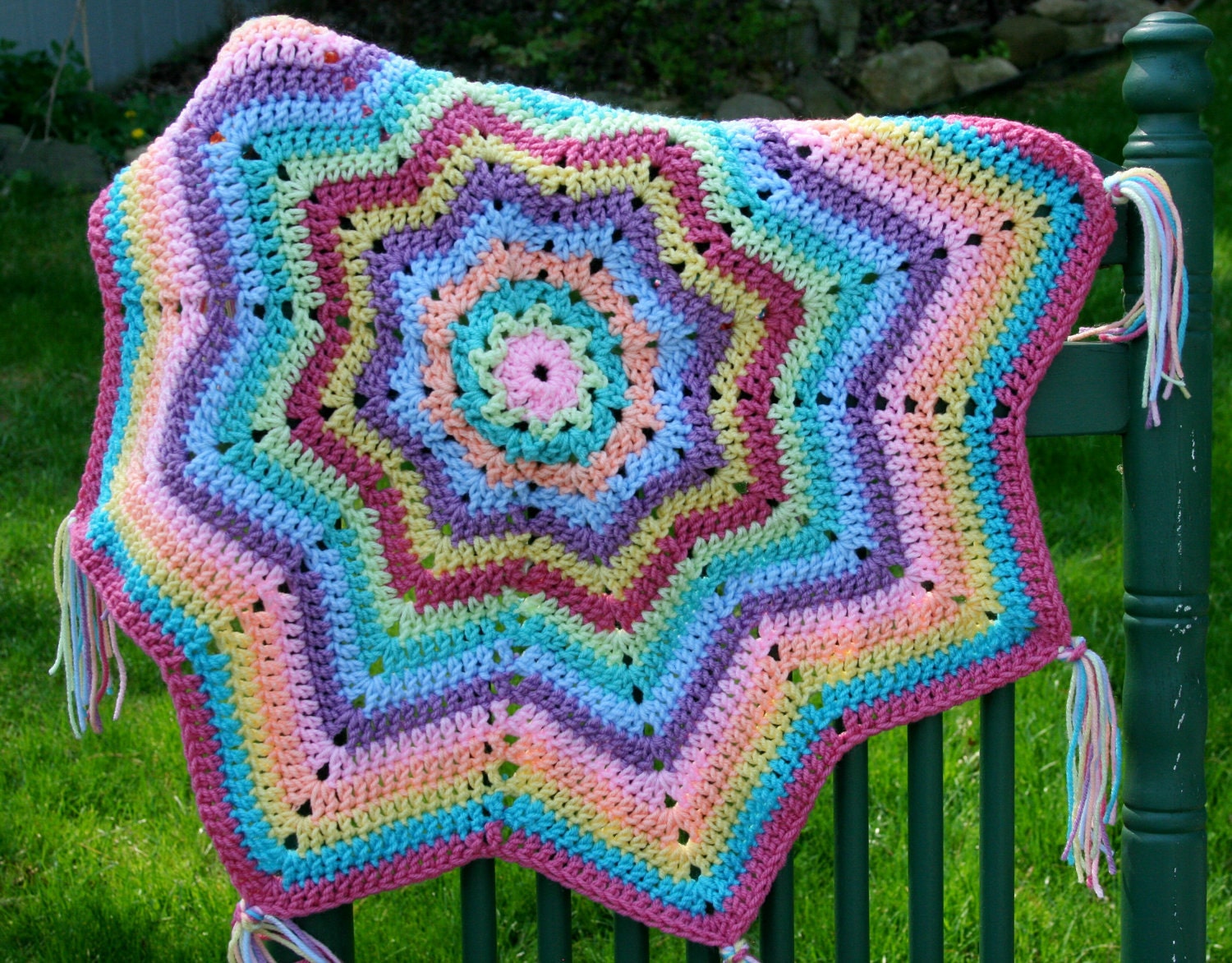 Baby rainbow afghan blanket buddy photo prop One of a kind crochet pastel round star pointed