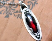 Art Nouveau necklace - red garnet - long oval cabochon - artisan metalsmith- ready to ship