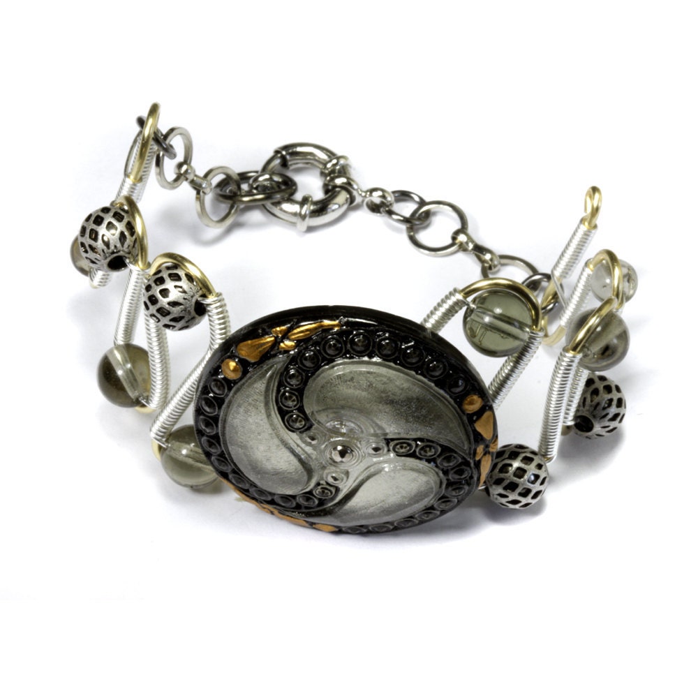 Bracelet - Czech Glass Silver Grey Mirror Back Art Deco Faceted PAISLEY