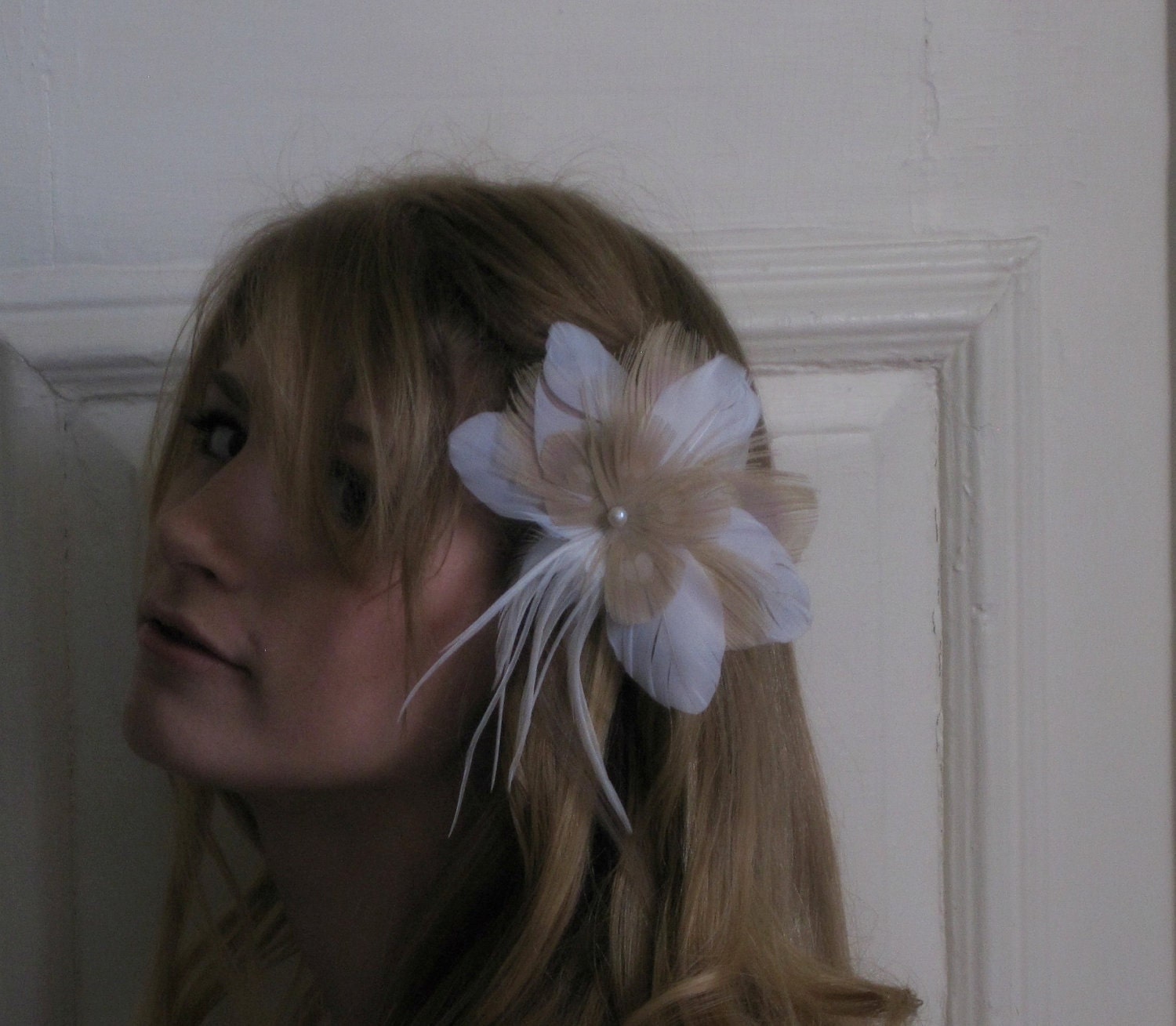 White Swan and Ecru Peacock with Pearl Fascinator / SOPHIE Fascinator