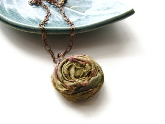 Shabby Chic Single Silk Rosette Necklace in Olive Green and Antique Copper Chain - Romantic Rosette - heversonart