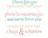 Hope and Future Jeremiah 29:11 Scripture Print -  pink, turquoise and tan (no.10 "cotton candy") 8x10