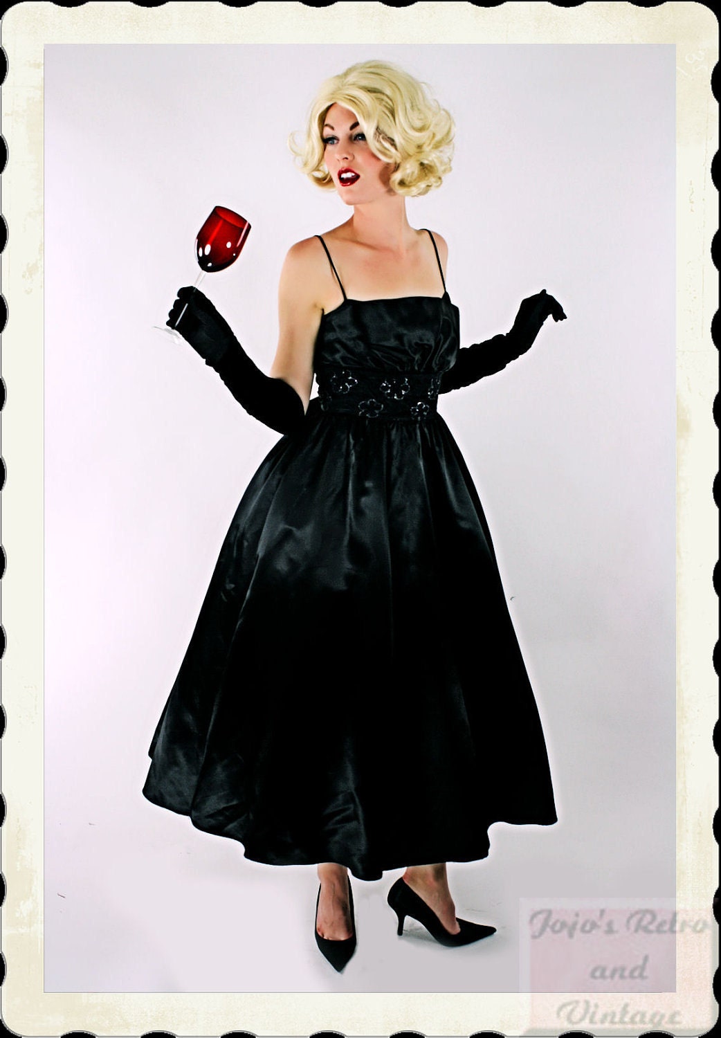 80s as 50s vintage black satin Gunne Sax formal / small