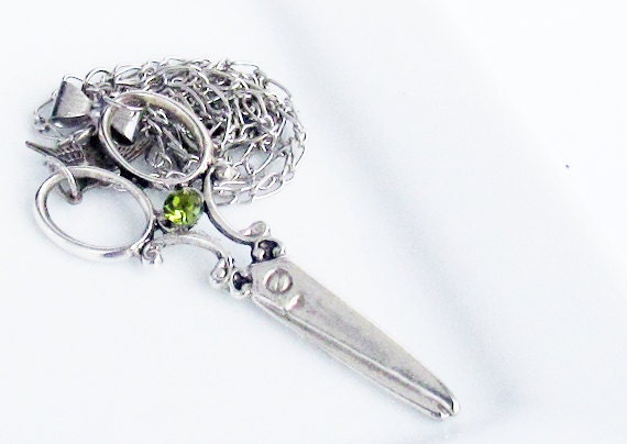 Scissor Necklace,Antique Silver,Cinderella's Dressmaker Scissor Necklace,Hairdresser,Swarovski Peidot Crystal,August Birthstone