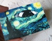 UFO Van Gogh's Starry Night Mini Print, Small Art Print, Smaller than ACEO ATC, Bright Alien Inspired Blue Night Sky, Outer Space