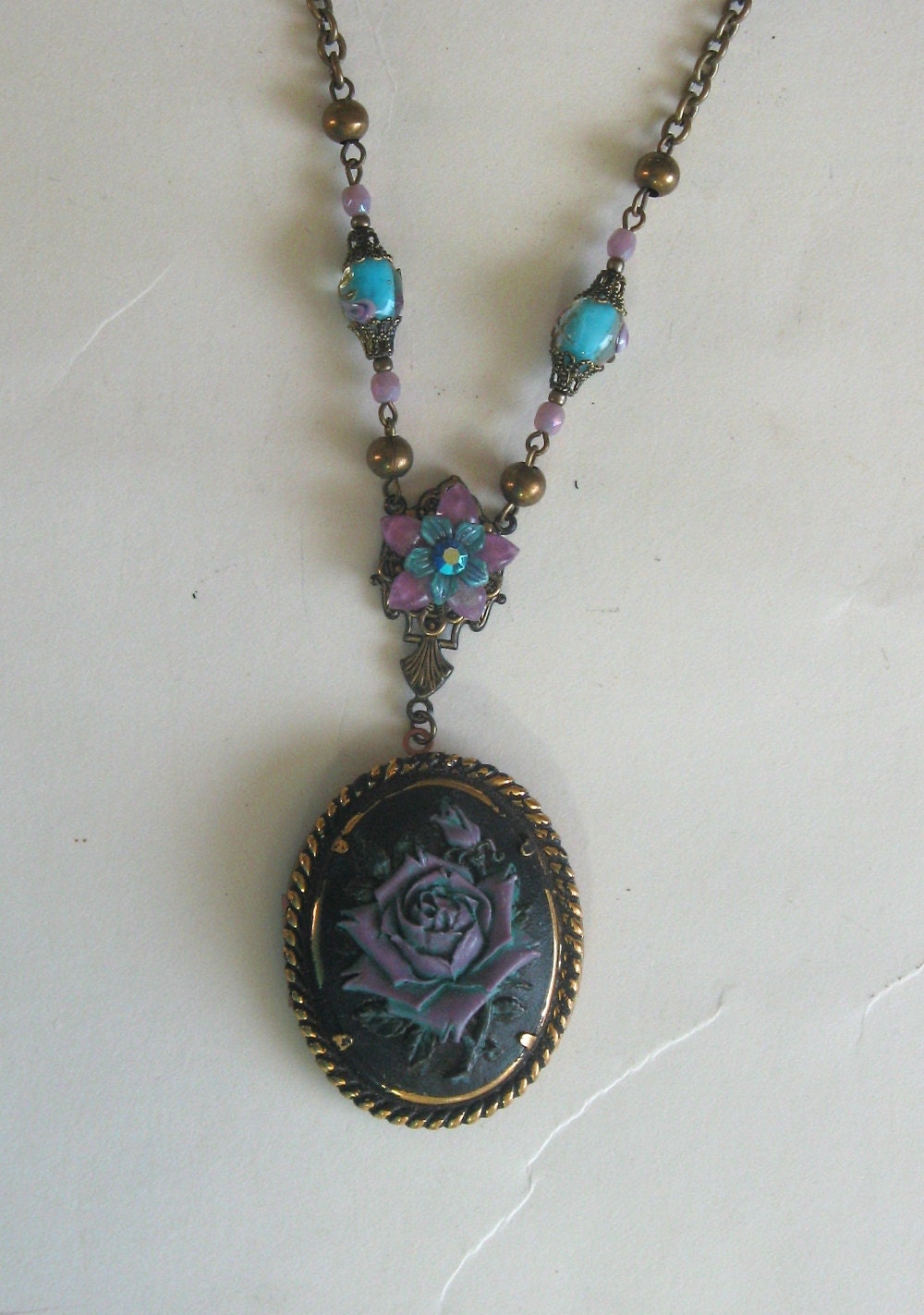 Rose TATTOO  - handpainted Cameo hidden LOCKET Signed necklace in Lilac and Turquoise vintage brass OOAK Mother's Day