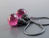 Teardrop  Earrings -  Hot Pink, Quartz Earrings, Oxidized Silver, Handmade  Jewellery, Wire Wrapped