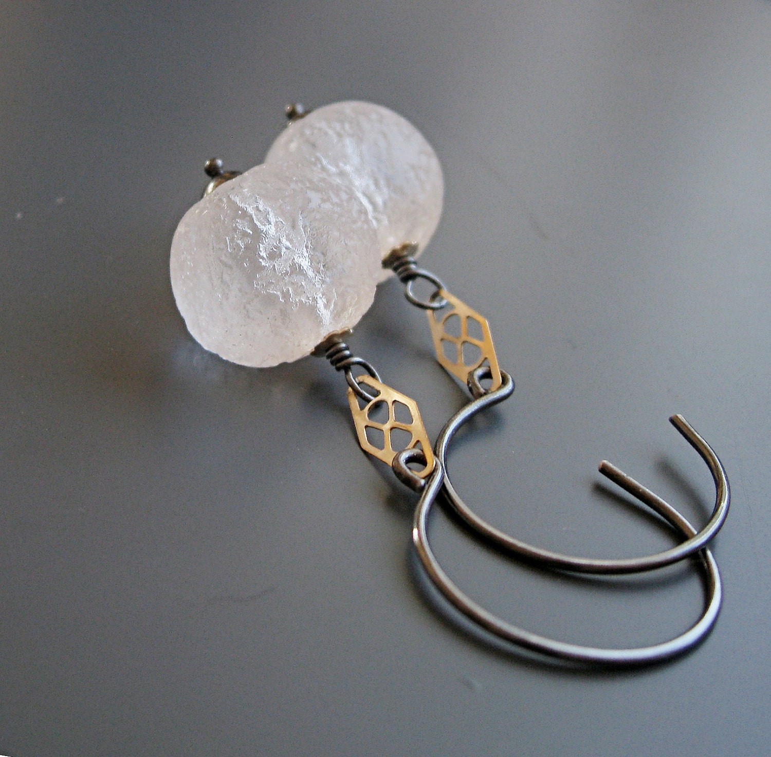 Handmade Earrings -  White, Glass Earrings, Ice, Oxidized Sterling Silver,  Handmade Jewellery, Gold Filled, Mixed Metals