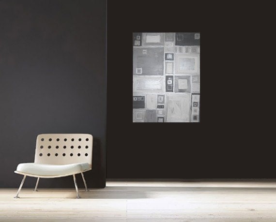 GREY MATTER original abstract modern painting - gallery fine art  - contemporary interior design - ooak home wall decor - silver squares